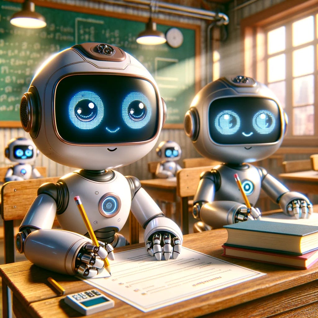 AI students taking an exam in a classroom. Image created by author and DALL-E 3.