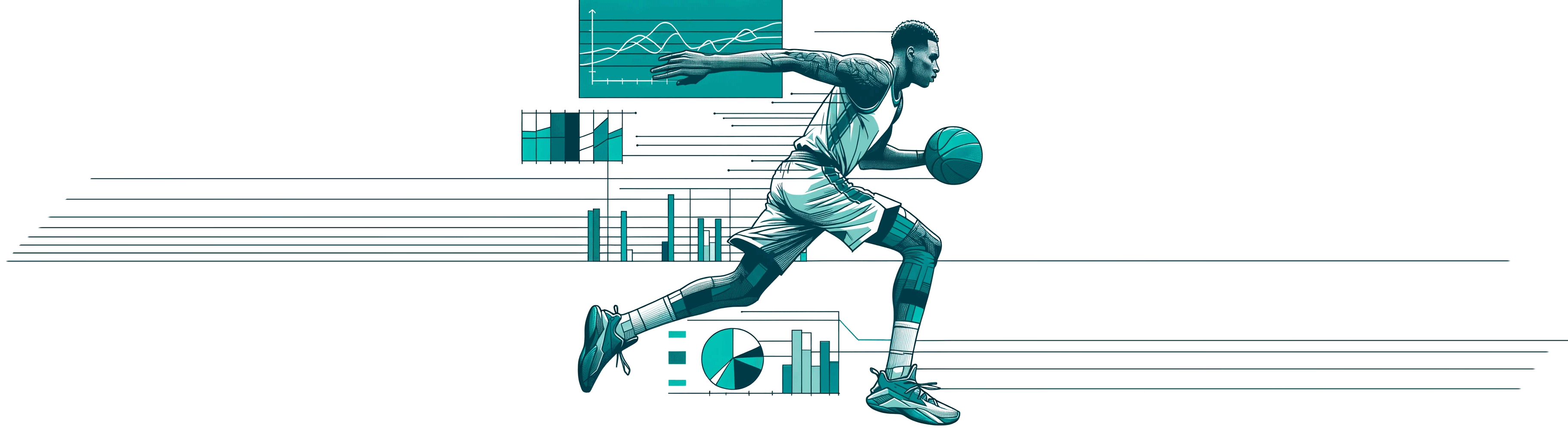 Image by author and ChatGPT. "Design an illustration, focusing on a basketball player in action, the design integrates sports and data analytics themes in a graphic novel style" prompt. ChatGPT, 4, OpenAI, 28 March. 2024. https://chat.openai.com.