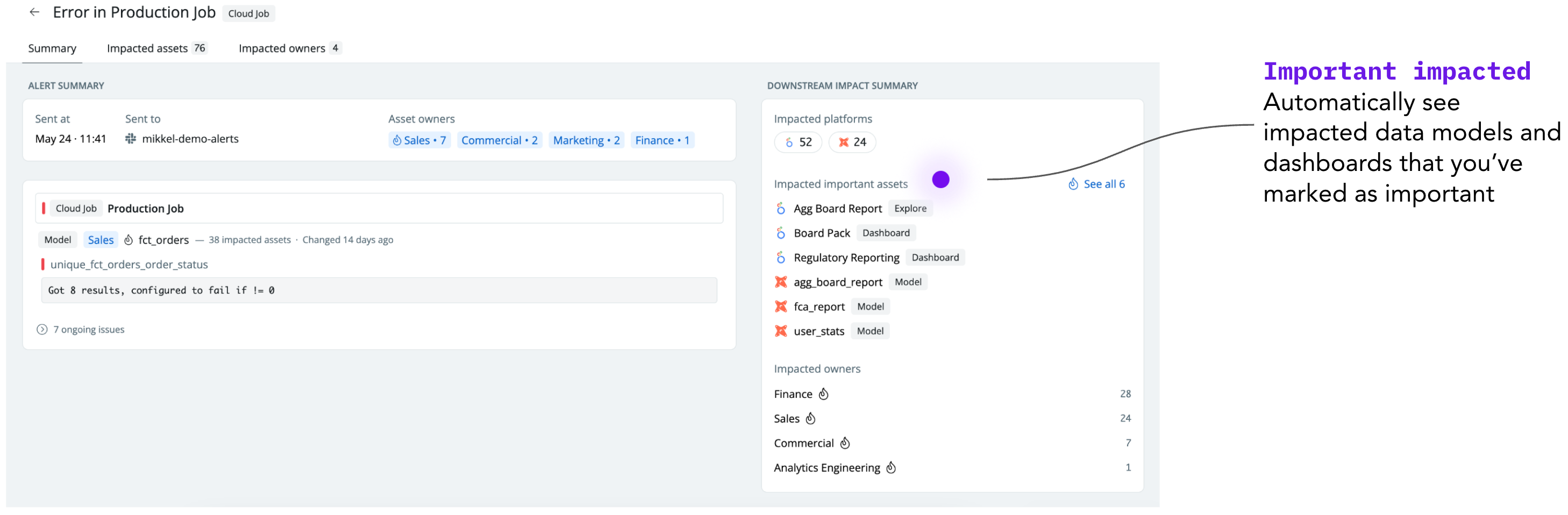 Example of seeing important impacted data models and dashboards for an incident. Source: synq.io