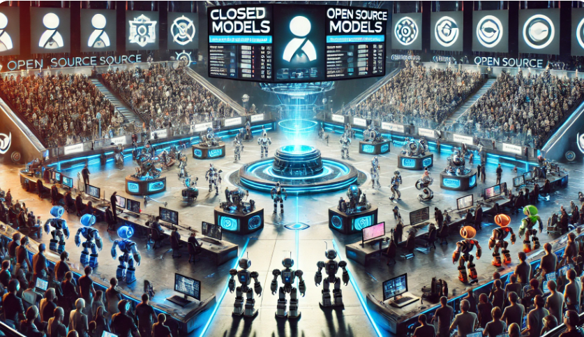 Image created by author with GPT-4o depicting an arena with closed and open source models competing.