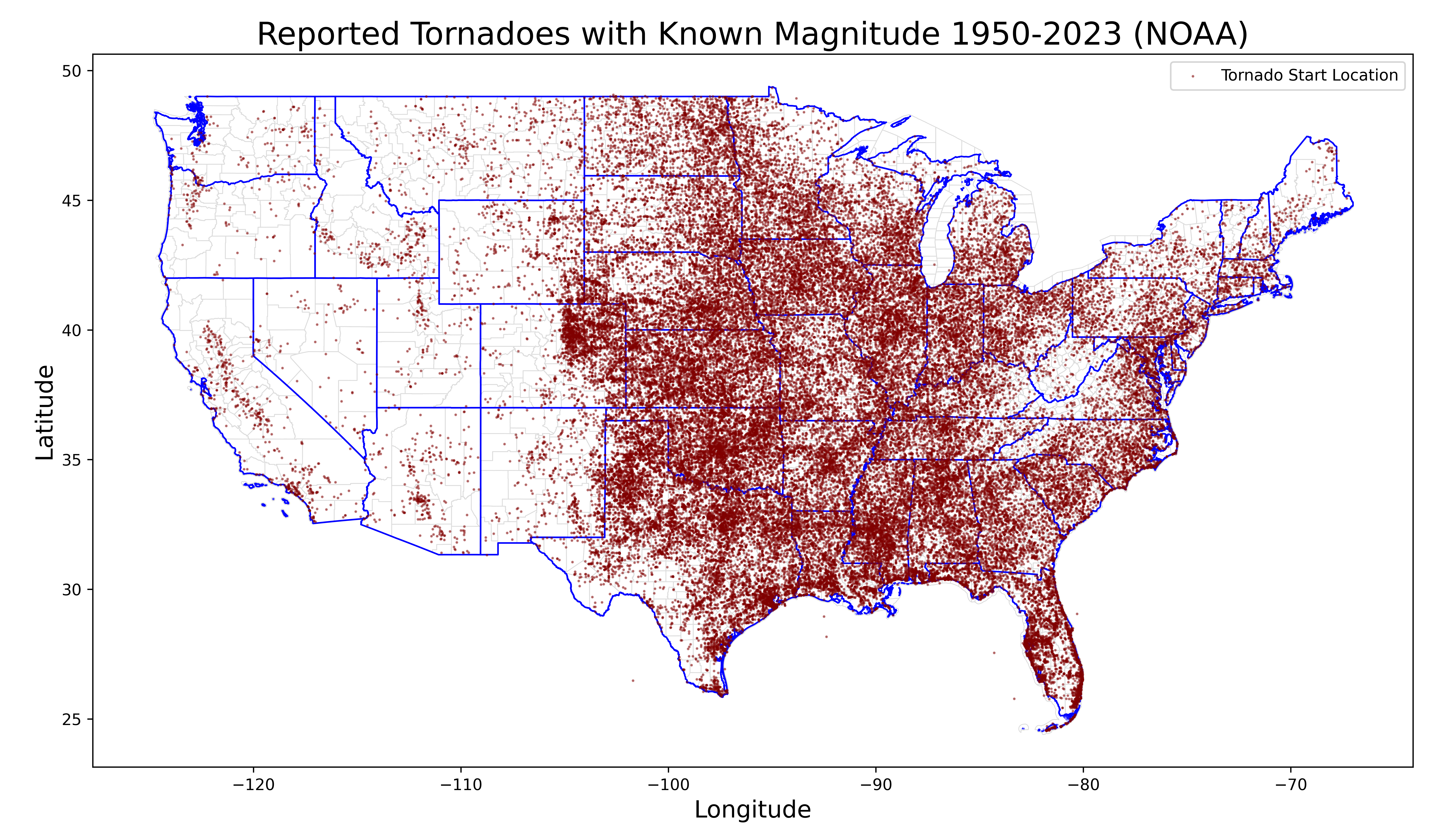 The starting location of all tornadoes of known magnitude from 1950–2023 (by the author)