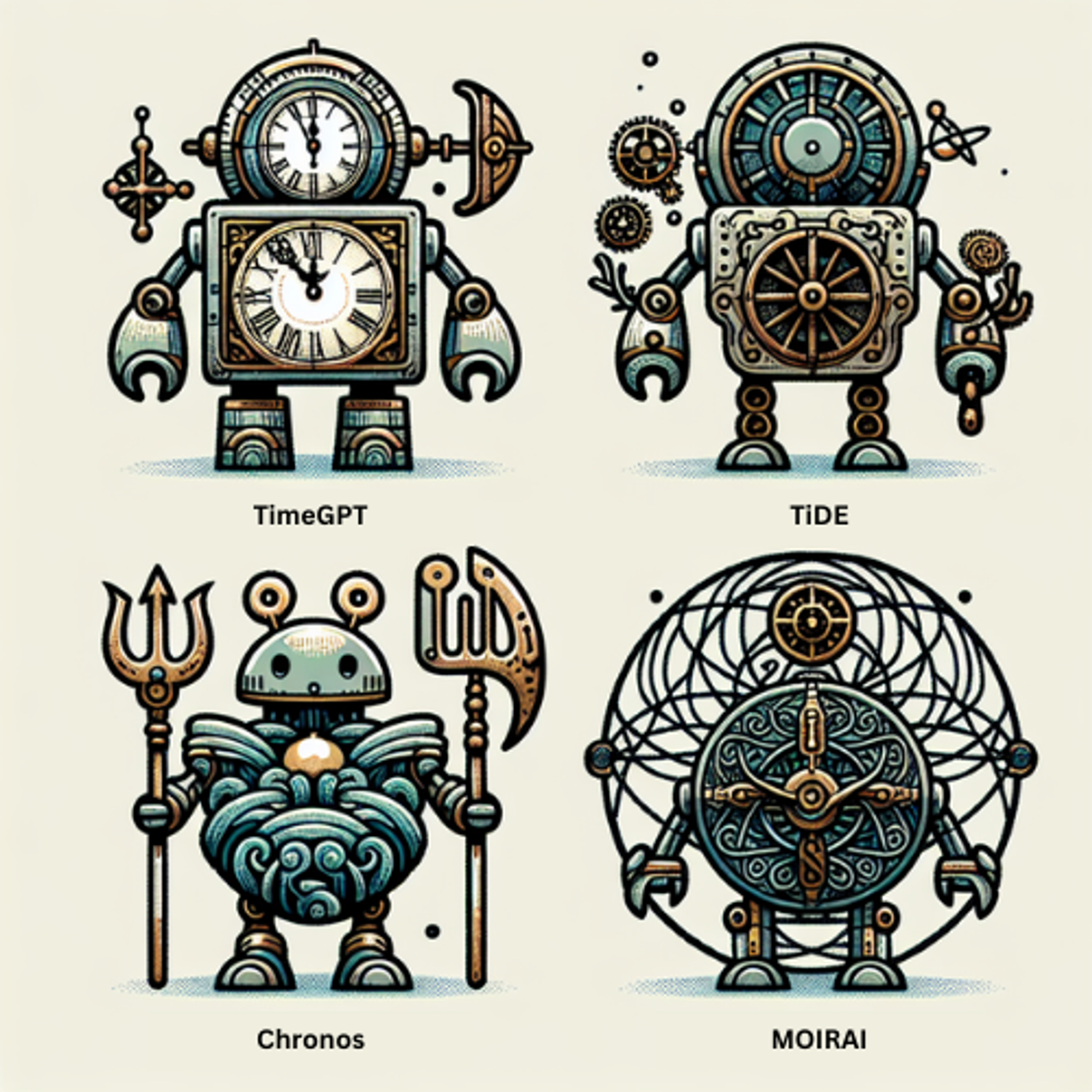 Figure 1: TimeGPT vs. TiDE vs. Chronos vs Moirai (image by author with DALL-E)