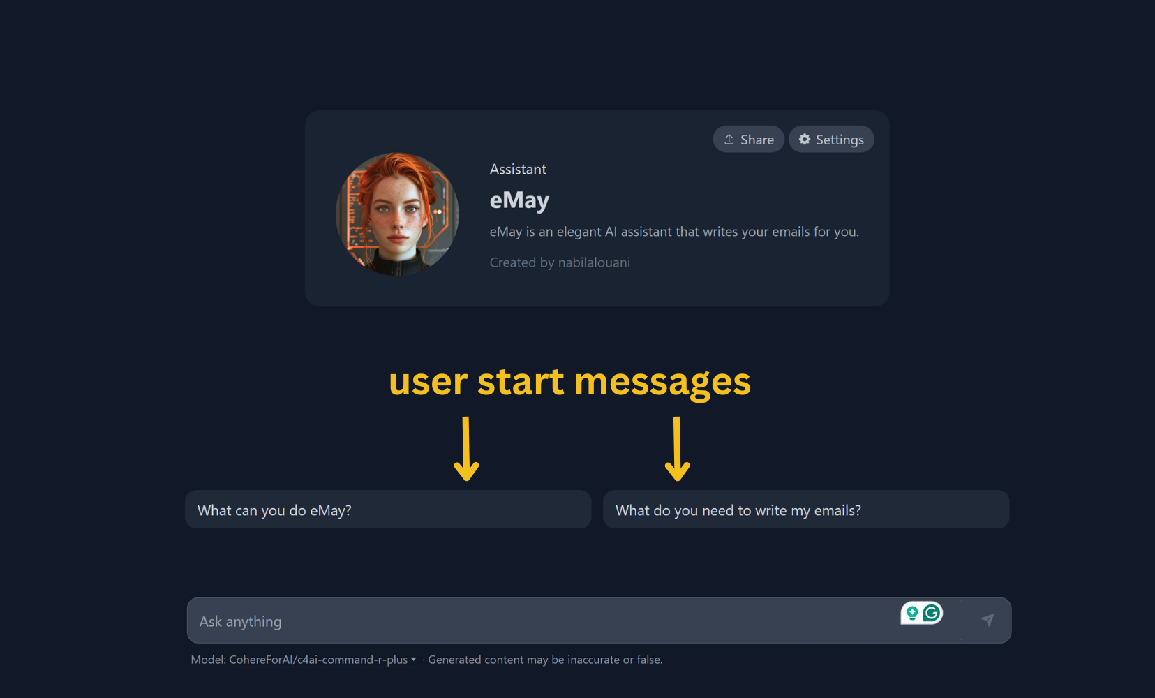 Examples of "User start messages" for a HuggingChat assistant.