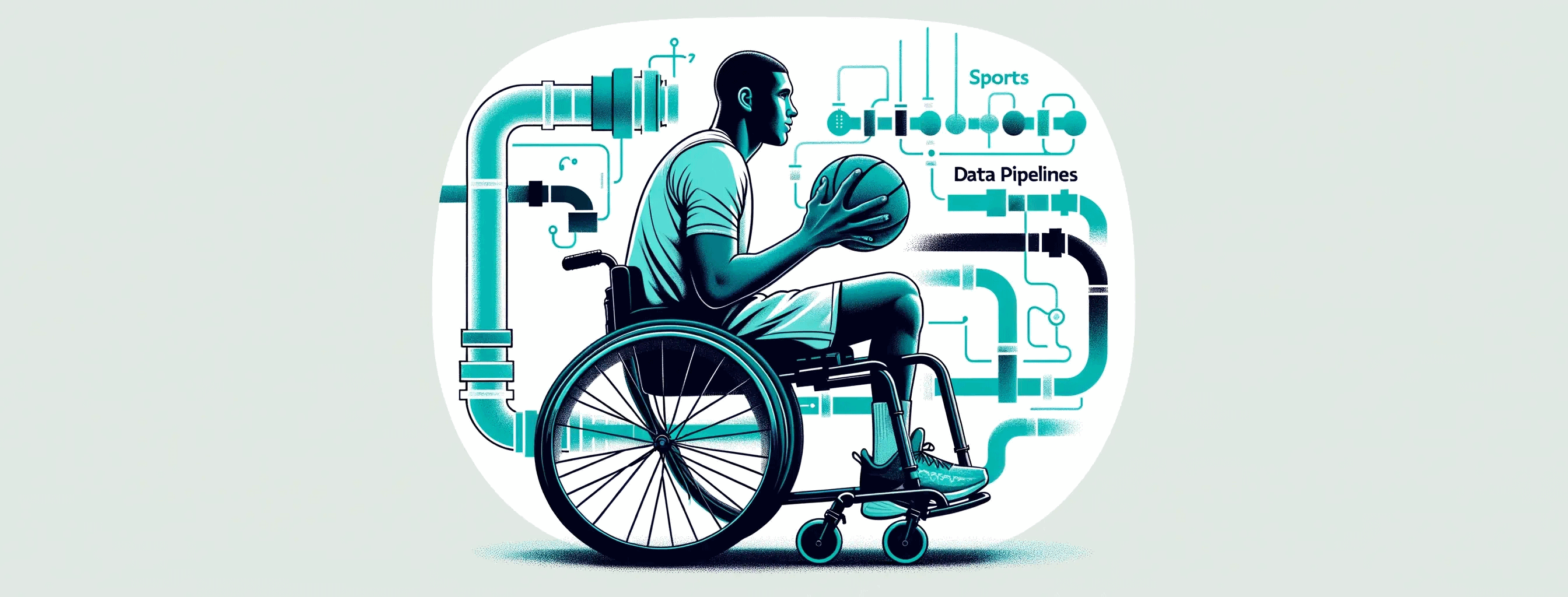 Image by author and ChatGPT. "Design an illustration, featuring a Paralympic basketball player in action, this time the theme is on data pipelines" prompt. ChatGPT, 4, OpenAI, 15April. 2024. https://chat.openai.com.