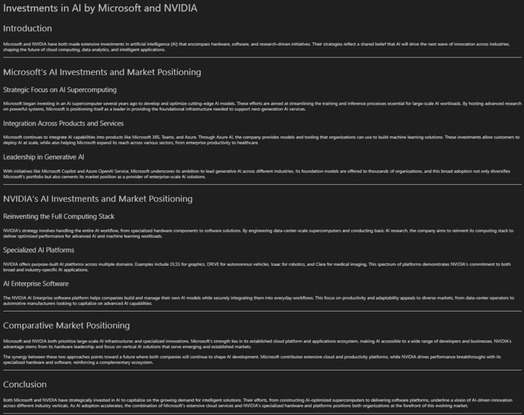 Screenshot of the response generated by the agent analyzing AI investments and positioning for Microsoft and NVIDIA.