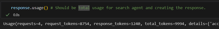 Screenshot of total tokens used to research and generate response